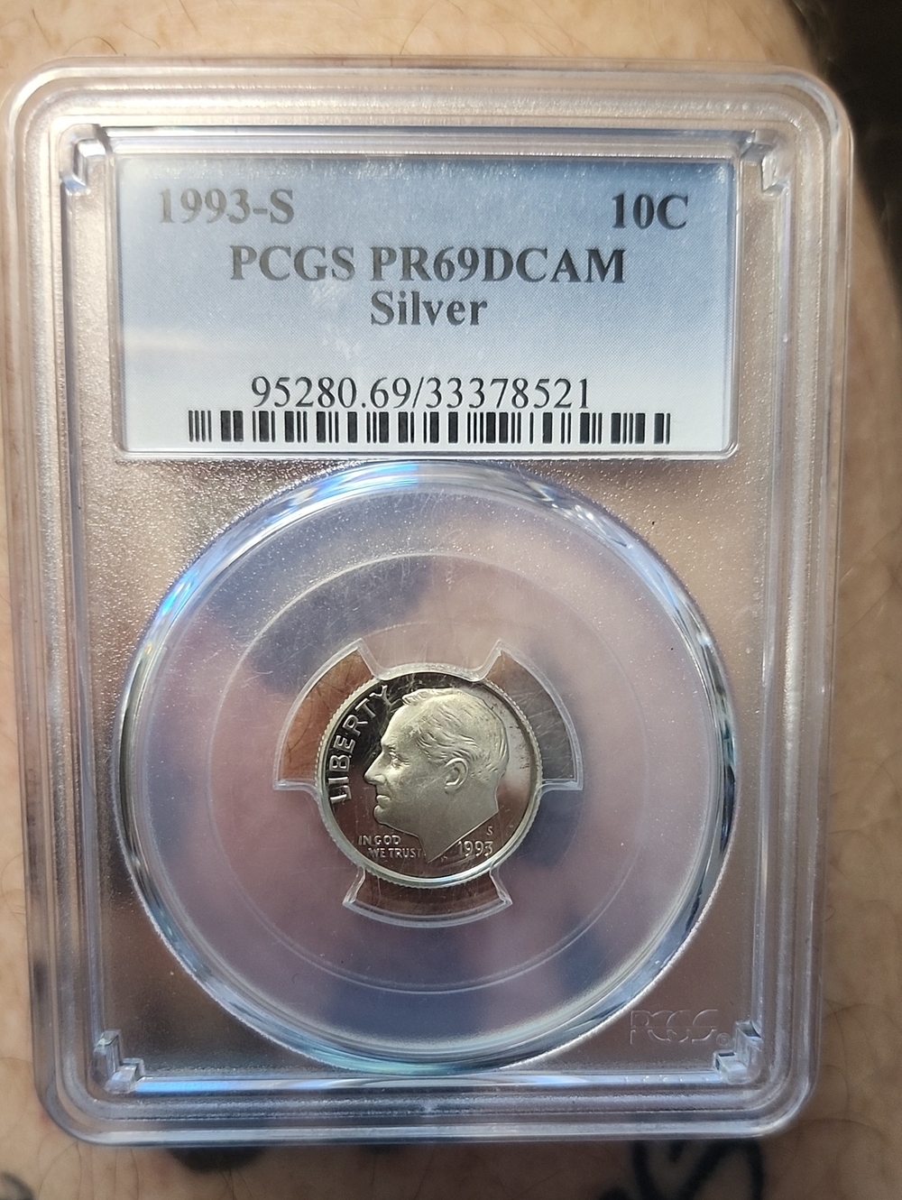 Graded 1993-S Roosevelt Dime PR69DCAM Silver Some Toning Front And Back PCGS